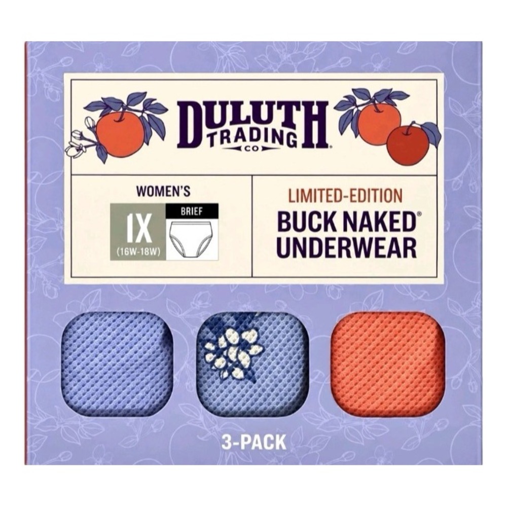 Duluth Women's 3pk Buck Naked Underwear Briefs Apples Print Size 1X (16w-18w)